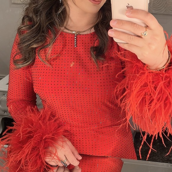 Elegant Red Feather-Evening Dress with red stones